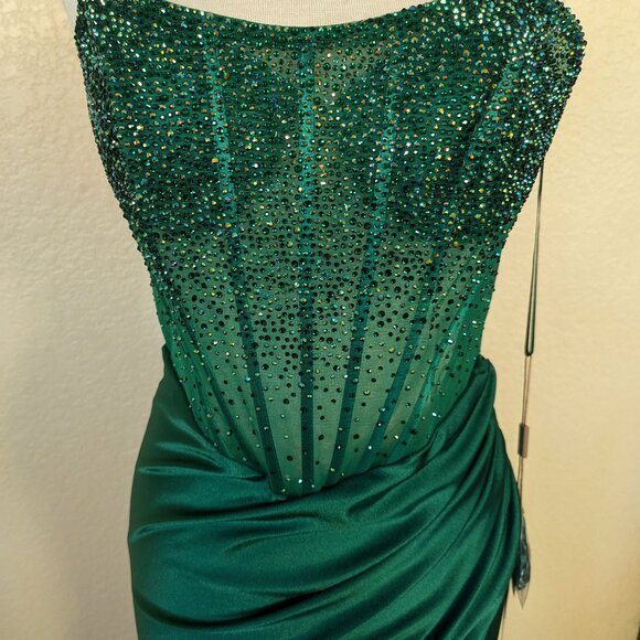 Emerald Green Sequined Rhinestone Strapless Corset Formal Prom Evening Dress 8 - Picture 5 of 5